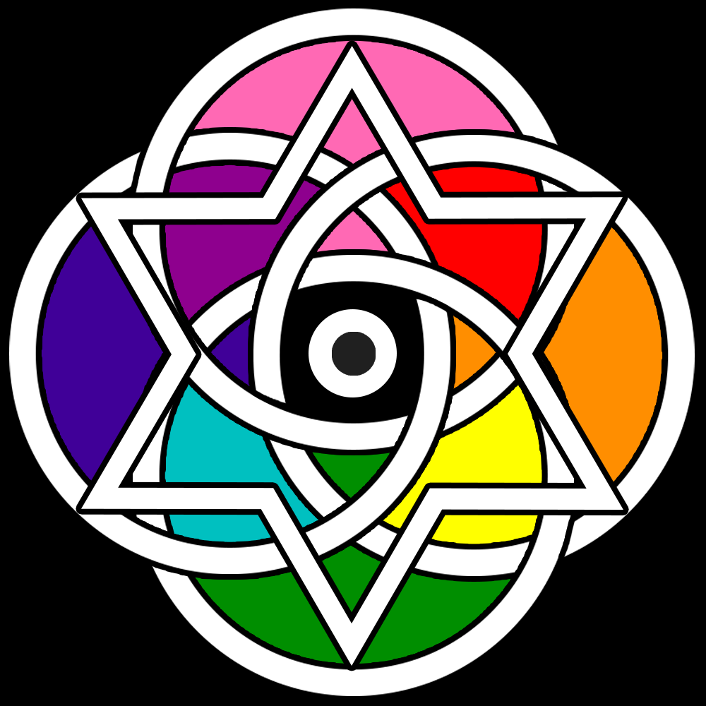 The Magen David overlaying the interlocking plural rings. Where the rings overlap are the colors of the rainbow, and in the center is an eye.